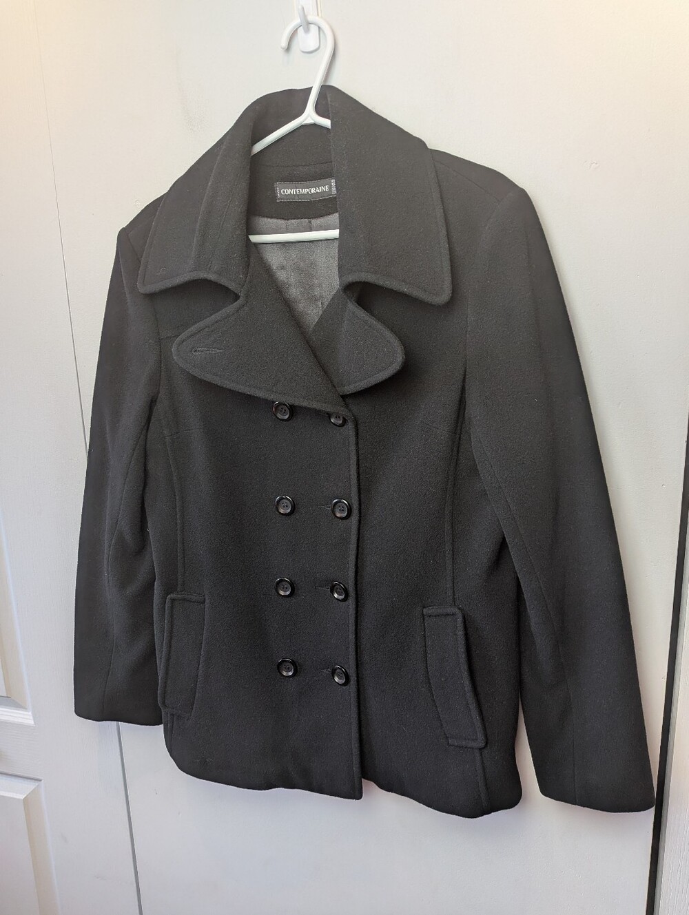 SIMON'S CONTEMPORAINE Women Trench Coat Size 12 Black 80% Italian Wool Buttons